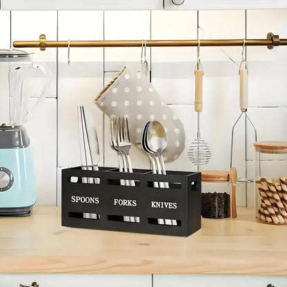 3-Compartment Wooden Utensil Organizer Countertop Silverware Caddy, Black | For Spoons Forks Knives, Countertop Flatware Storage Holder, With Ventilation, Kitchen/Dining Table/Camping