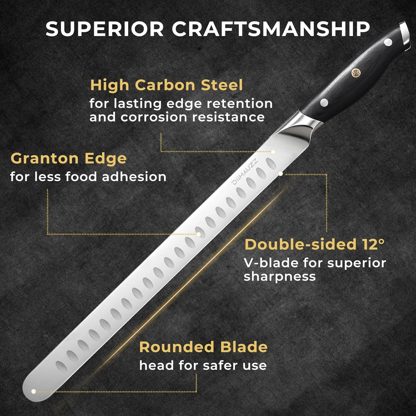 Brisket Knife, 12 Inch Carving Knife for Meat, Razor Sharp High Carbon Steel, Full Tang Ergonomic Pakkawood Handle Slicing Knives for Roast Beef, BBQ, Turkey, Grilling Gift for Men