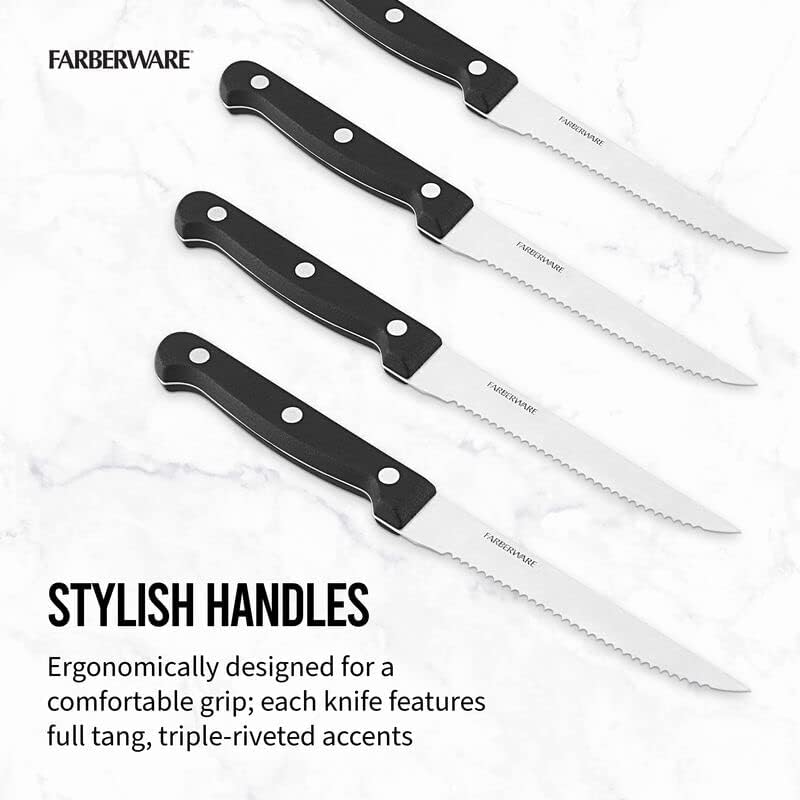 Stamped Triple Rivet High Carbon Stainless Steel Steak Knife Set, 4-Piece, Black
