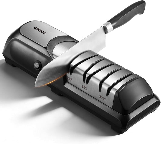 Kitchen Professional Electric Knife Sharpener: 3-Stage 100% Diamond Abrasives Knife Sharpeners with 15° Precision Angle Electric Steel Sharpening Tool to Restore/Polish Chef Knives