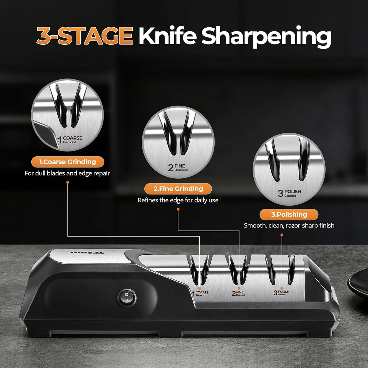 Kitchen Professional Electric Knife Sharpener: 3-Stage 100% Diamond Abrasives Knife Sharpeners with 15° Precision Angle Electric Steel Sharpening Tool to Restore/Polish Chef Knives