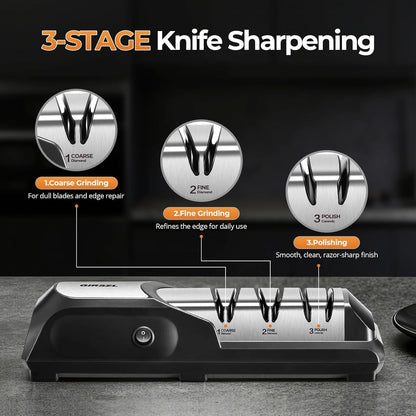 Kitchen Professional Electric Knife Sharpener: 3-Stage 100% Diamond Abrasives Knife Sharpeners with 15° Precision Angle Electric Steel Sharpening Tool to Restore/Polish Chef Knives