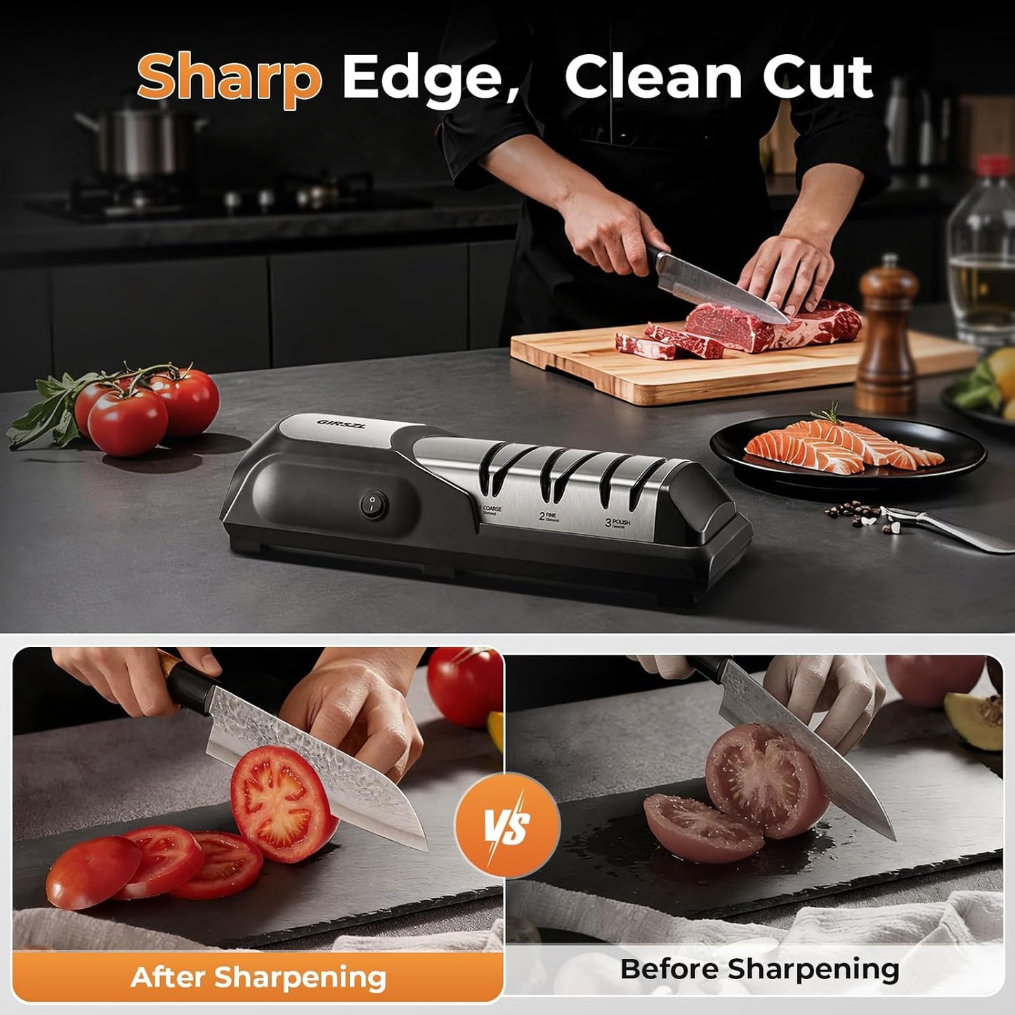 Kitchen Professional Electric Knife Sharpener: 3-Stage 100% Diamond Abrasives Knife Sharpeners with 15° Precision Angle Electric Steel Sharpening Tool to Restore/Polish Chef Knives