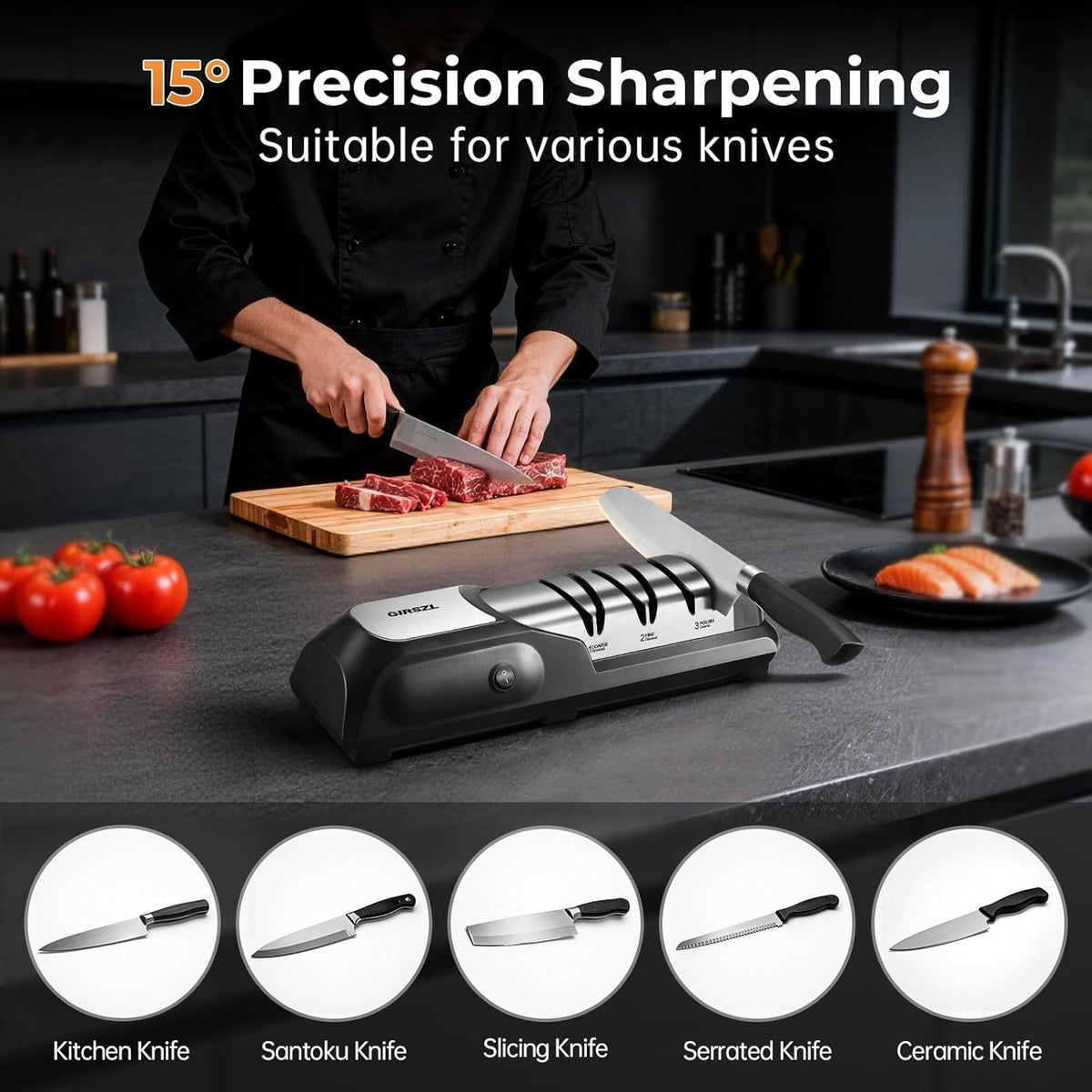 Kitchen Professional Electric Knife Sharpener: 3-Stage 100% Diamond Abrasives Knife Sharpeners with 15° Precision Angle Electric Steel Sharpening Tool to Restore/Polish Chef Knives