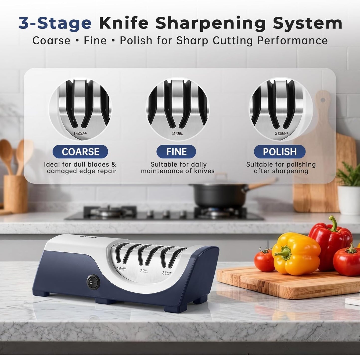 Kitchen Professional Electric Knife Sharpener: 3-Stage 100% Diamond Abrasives Knife Sharpeners with 15° Precision Angle Electric Steel Sharpening Tool to Restore/Polish Chef Knives