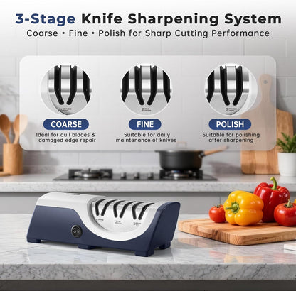Kitchen Professional Electric Knife Sharpener: 3-Stage 100% Diamond Abrasives Knife Sharpeners with 15° Precision Angle Electric Steel Sharpening Tool to Restore/Polish Chef Knives