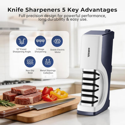 Kitchen Professional Electric Knife Sharpener: 3-Stage 100% Diamond Abrasives Knife Sharpeners with 15° Precision Angle Electric Steel Sharpening Tool to Restore/Polish Chef Knives