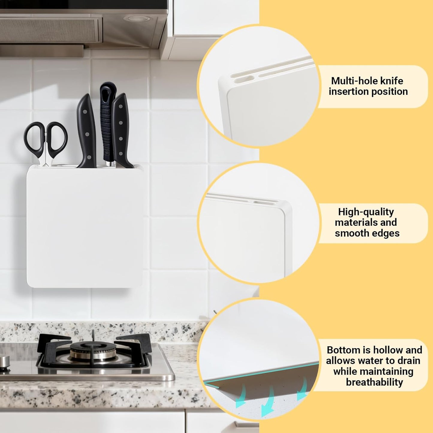 Wall Mounted Knife Block Holder 4 Slot, Self-Adhesive with Screws Under Cabinet Kitchen Knife Storage, No Drill Wall Mount Knife Rack, Knife Blocks Insert, Space Saving Organizer