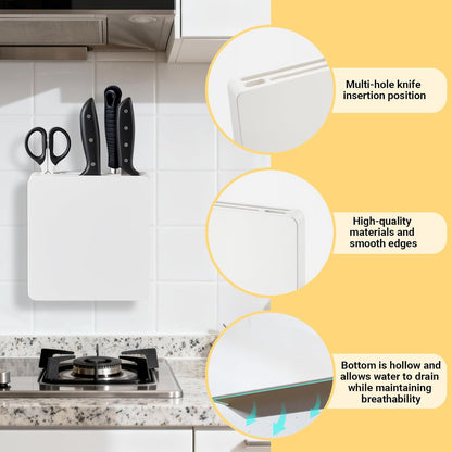 Wall Mounted Knife Block Holder 4 Slot, Self-Adhesive with Screws Under Cabinet Kitchen Knife Storage, No Drill Wall Mount Knife Rack, Knife Blocks Insert, Space Saving Organizer
