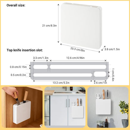 Wall Mounted Knife Block Holder 4 Slot, Self-Adhesive with Screws Under Cabinet Kitchen Knife Storage, No Drill Wall Mount Knife Rack, Knife Blocks Insert, Space Saving Organizer