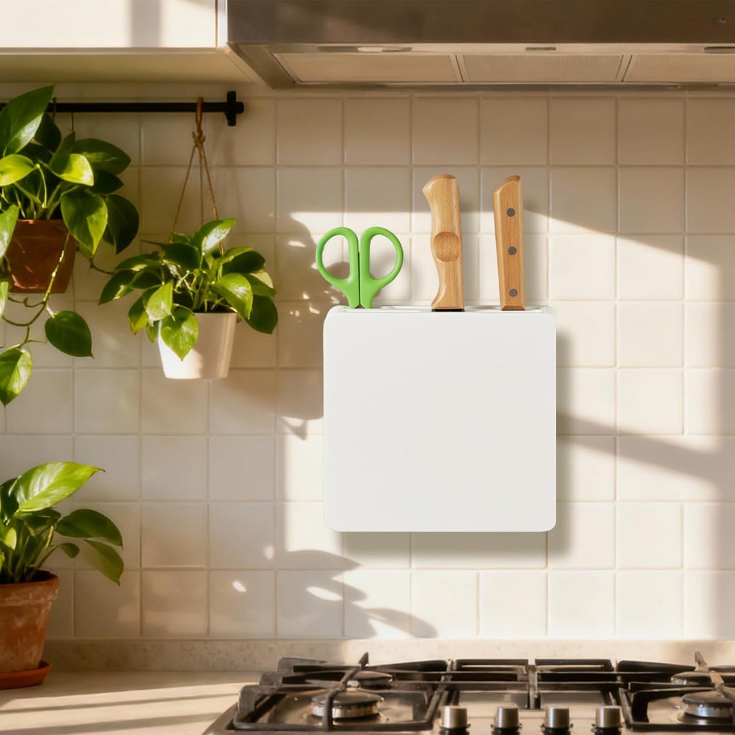 Wall Mounted Knife Block Holder 4 Slot, Self-Adhesive with Screws Under Cabinet Kitchen Knife Storage, No Drill Wall Mount Knife Rack, Knife Blocks Insert, Space Saving Organizer