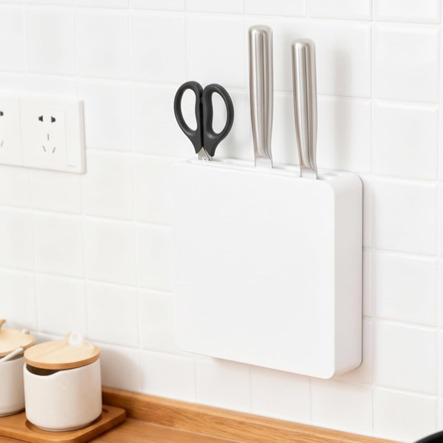 Wall Mounted Knife Block Holder 4 Slot, Self-Adhesive with Screws Under Cabinet Kitchen Knife Storage, No Drill Wall Mount Knife Rack, Knife Blocks Insert, Space Saving Organizer
