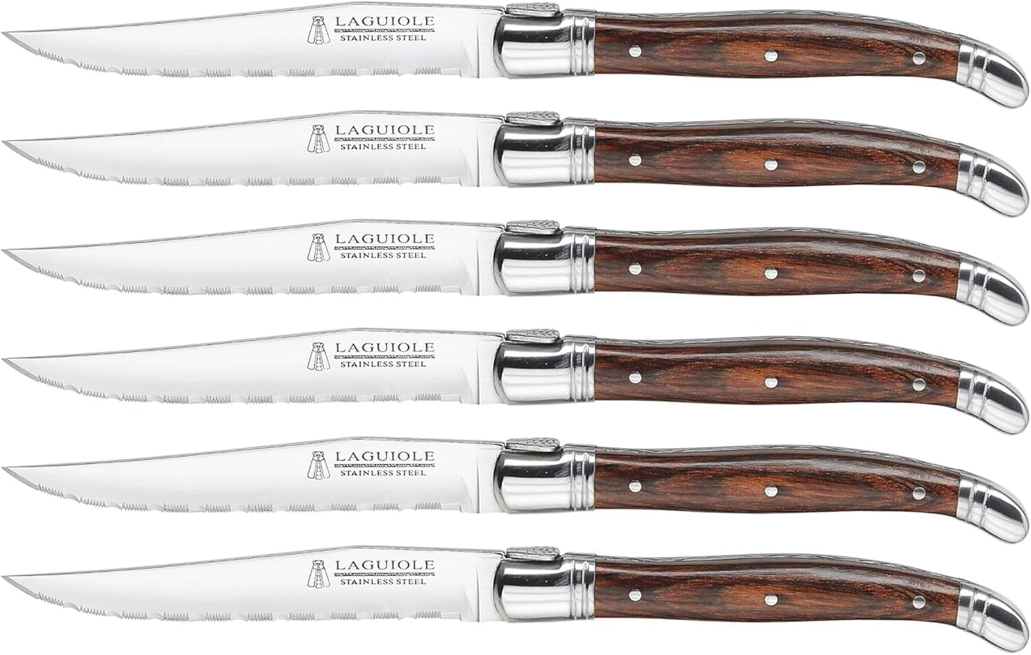 Laguiole Steak Knives Set of 6 – Premium Stainless Steel Serrated Blades with Pakkawood Handles – Dishwasher Safe Steak Knife Set for Dinner, BBQ, or Gifting – Rustic Elegant Design
