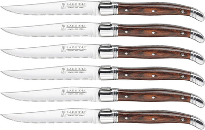 Laguiole Steak Knives Set of 6 – Premium Stainless Steel Serrated Blades with Pakkawood Handles – Dishwasher Safe Steak Knife Set for Dinner, BBQ, or Gifting – Rustic Elegant Design