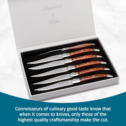 Laguiole Steak Knives Set of 6 – Premium Stainless Steel Serrated Blades with Pakkawood Handles – Dishwasher Safe Steak Knife Set for Dinner, BBQ, or Gifting – Rustic Elegant Design