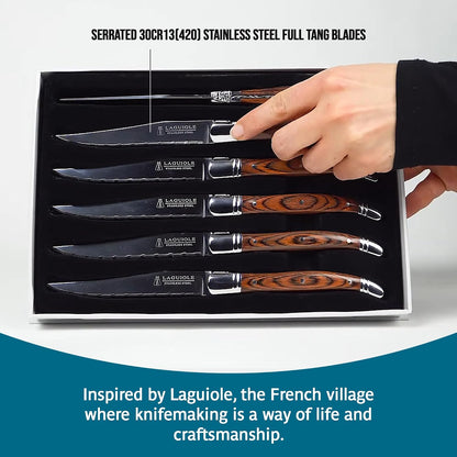 Laguiole Steak Knives Set of 6 – Premium Stainless Steel Serrated Blades with Pakkawood Handles – Dishwasher Safe Steak Knife Set for Dinner, BBQ, or Gifting – Rustic Elegant Design