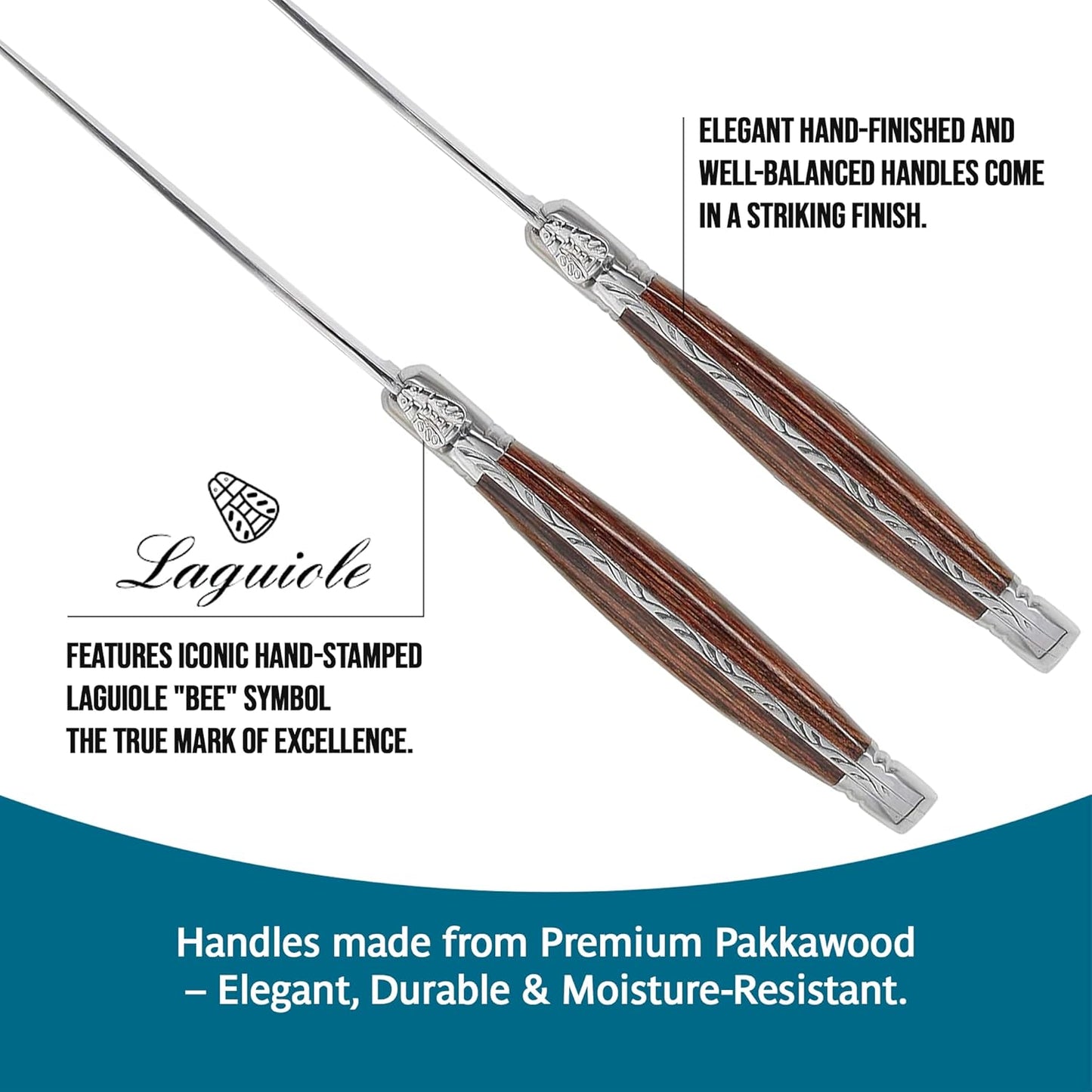 Laguiole Steak Knives Set of 6 – Premium Stainless Steel Serrated Blades with Pakkawood Handles – Dishwasher Safe Steak Knife Set for Dinner, BBQ, or Gifting – Rustic Elegant Design