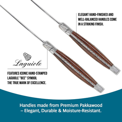 Laguiole Steak Knives Set of 6 – Premium Stainless Steel Serrated Blades with Pakkawood Handles – Dishwasher Safe Steak Knife Set for Dinner, BBQ, or Gifting – Rustic Elegant Design