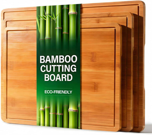 Zarler Bamboo Cutting Boards for Kitchen, Wood Cutting Board with Juice Grooves and Handles, Wooden Chopping Board Set for Meal Prep, 500℉ Carbonized Bamboo, XL Size, Ideal Kitchen Gift
