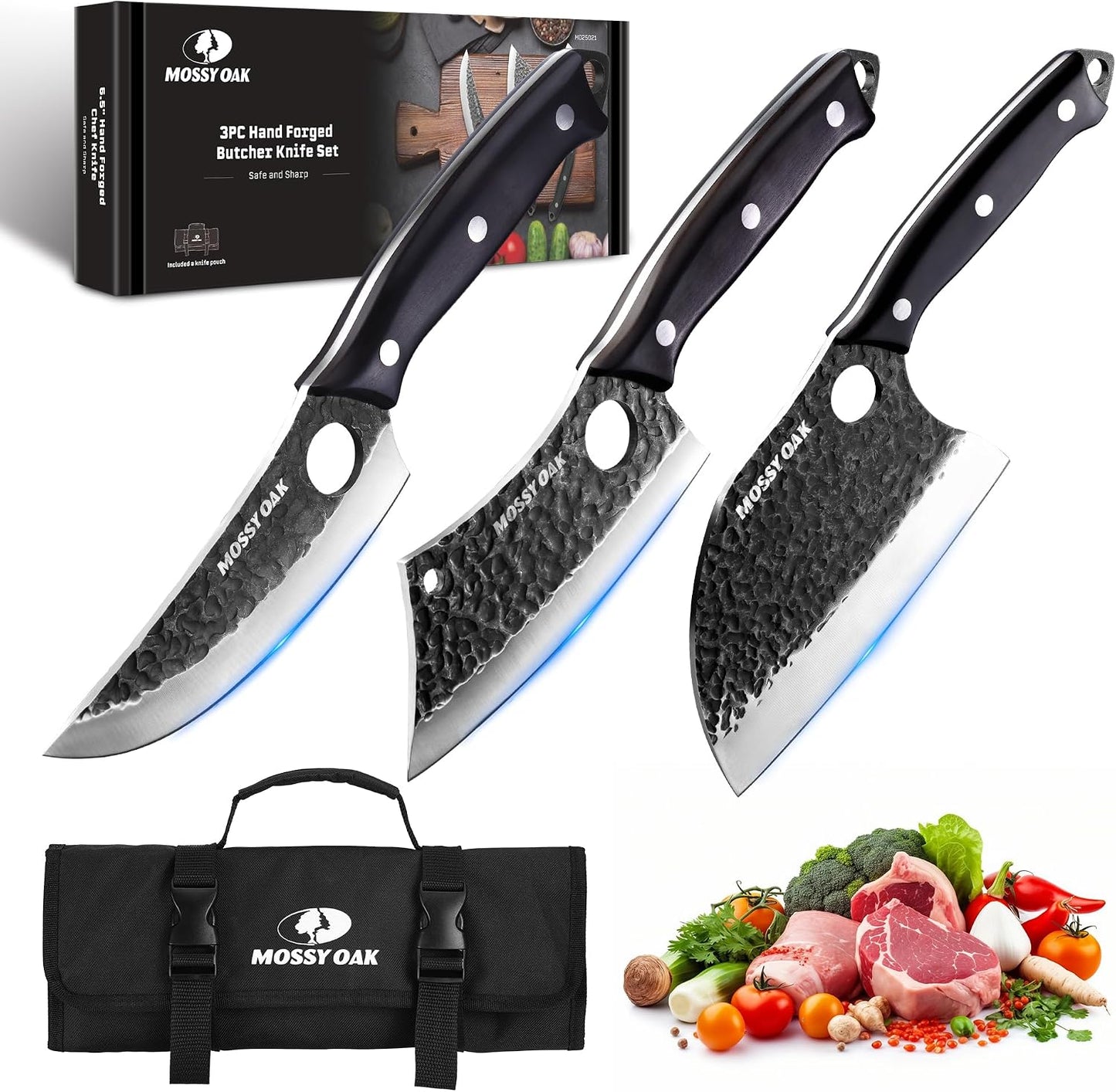 Butcher Knife Set with Oxford Roll Bag, 3-Piece | Hand Forged Chef Knives, Meat Cleavers Full Tang Handle for Cutting, Boning and Chopping, Kitchen Knives for Cooking, Camping