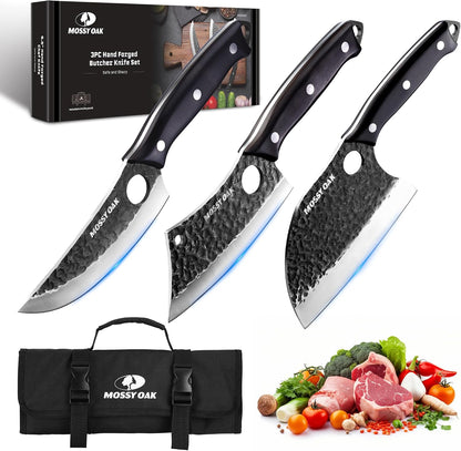 Butcher Knife Set with Oxford Roll Bag, 3-Piece | Hand Forged Chef Knives, Meat Cleavers Full Tang Handle for Cutting, Boning and Chopping, Kitchen Knives for Cooking, Camping