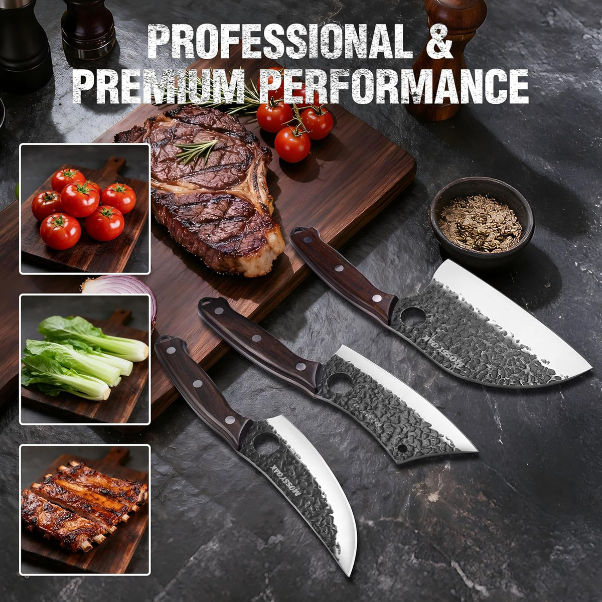 Butcher Knife Set with Oxford Roll Bag, 3-Piece | Hand Forged Chef Knives, Meat Cleavers Full Tang Handle for Cutting, Boning and Chopping, Kitchen Knives for Cooking, Camping
