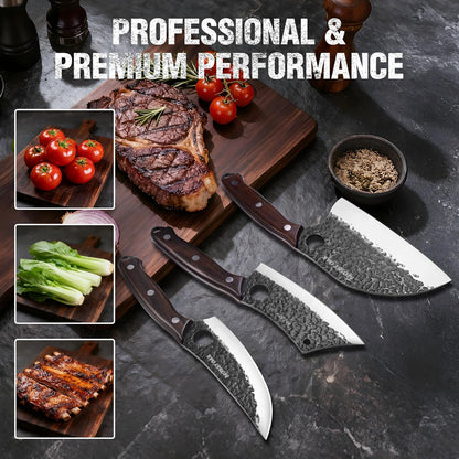 Butcher Knife Set with Oxford Roll Bag, 3-Piece | Hand Forged Chef Knives, Meat Cleavers Full Tang Handle for Cutting, Boning and Chopping, Kitchen Knives for Cooking, Camping