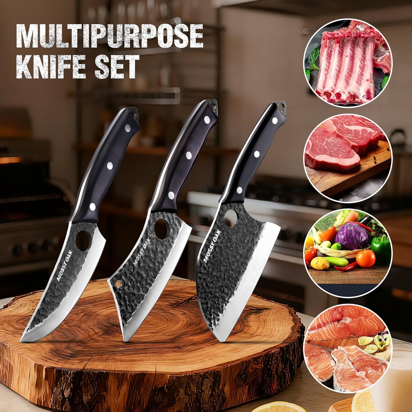 Butcher Knife Set with Oxford Roll Bag, 3-Piece | Hand Forged Chef Knives, Meat Cleavers Full Tang Handle for Cutting, Boning and Chopping, Kitchen Knives for Cooking, Camping