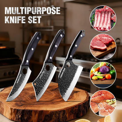 Butcher Knife Set with Oxford Roll Bag, 3-Piece | Hand Forged Chef Knives, Meat Cleavers Full Tang Handle for Cutting, Boning and Chopping, Kitchen Knives for Cooking, Camping
