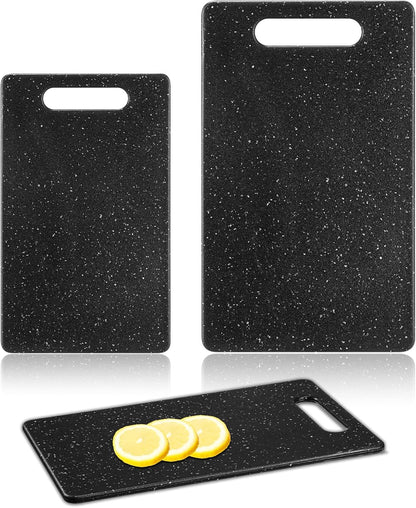 2 Pcs Small Cutting Board for Kitchen Mini Plastic Cutting Board Set Bar Dishwasher Safe Granite Color Food for Camping Food Fruits Prep Vegetables Easy Grip(6" x 10",Black)