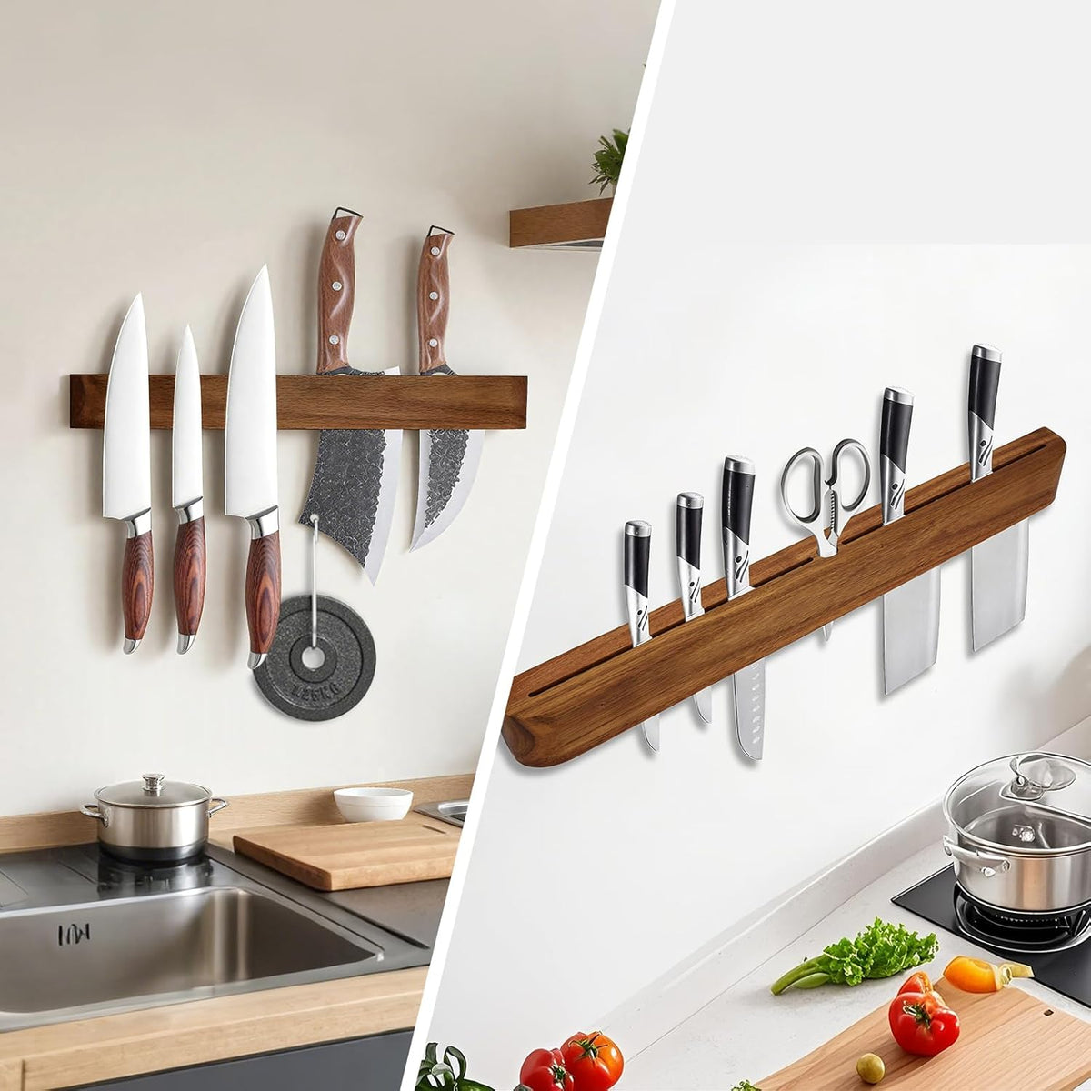 20 Inch Magnetic Knife Rack/Bar with Two Rows of Storage,Powerful Acacia Wood Magnetic Knife Holder for Wall,Hold 25 Knives，for Kitchen Utensil Organizer
