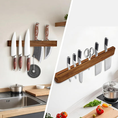 20 Inch Magnetic Knife Rack/Bar with Two Rows of Storage,Powerful Acacia Wood Magnetic Knife Holder for Wall,Hold 25 Knives，for Kitchen Utensil Organizer