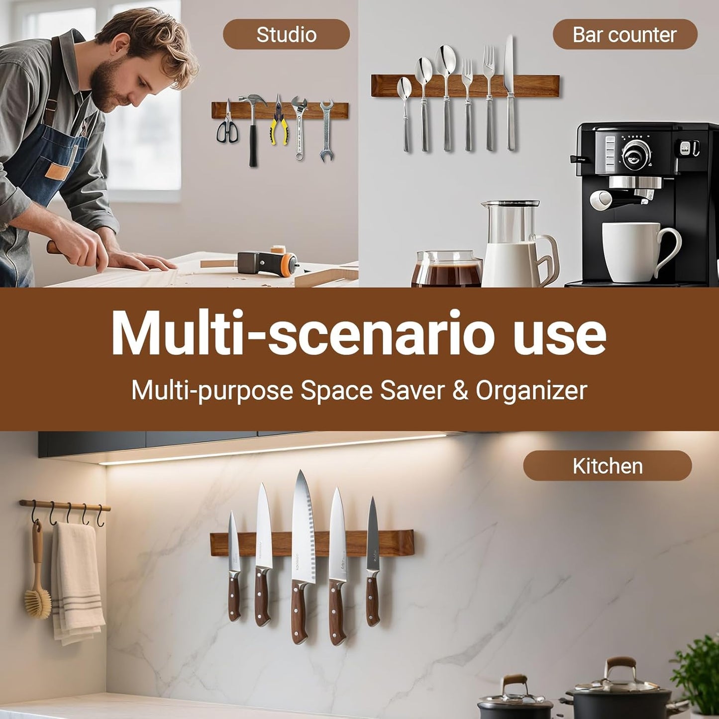 20 Inch Magnetic Knife Rack/Bar with Two Rows of Storage,Powerful Acacia Wood Magnetic Knife Holder for Wall,Hold 25 Knives，for Kitchen Utensil Organizer