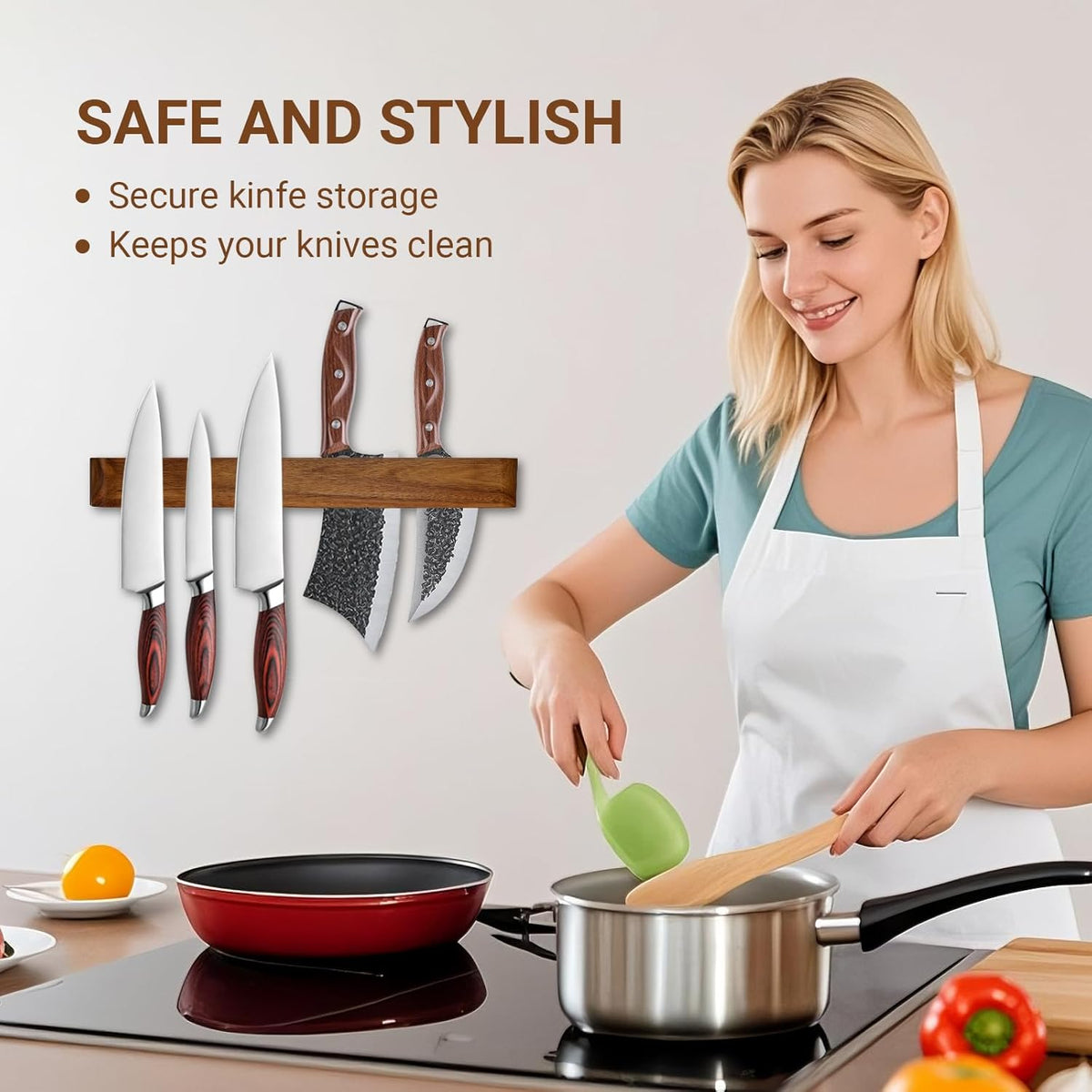 20 Inch Magnetic Knife Rack/Bar with Two Rows of Storage,Powerful Acacia Wood Magnetic Knife Holder for Wall,Hold 25 Knives，for Kitchen Utensil Organizer