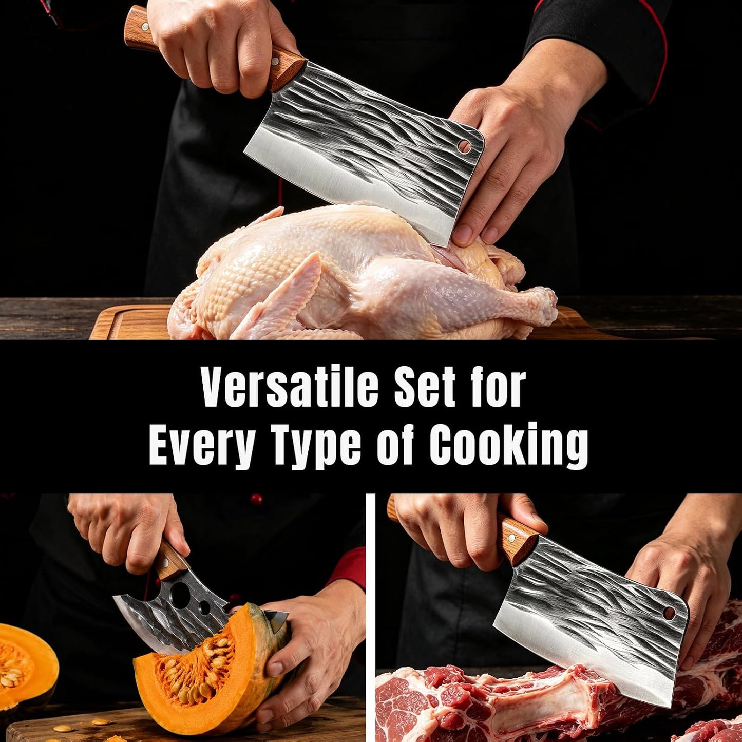 Hand Forged Kitchen Knife Set, 2PCS High Carbon Steel Meat Cleaver & Boning Knife, 7.5 Inch Full Tang Wooden Handle Chef Butcher Knife for Cutting Meat Vegetable Bone, for Home Cooking Camping Gif