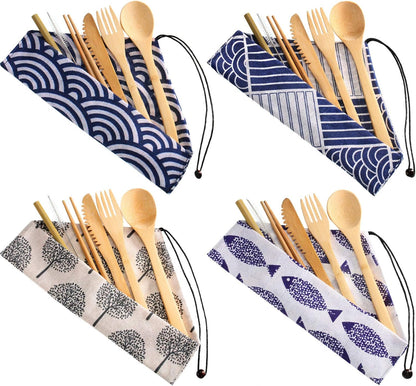 4 Sets Bamboo Utensils Wooden Utensils Set Japanese Style Reusable Cutlery Travel Chopsticks Fork Spoon Straw Portable Utensil Case for Travel Hiking Picnic Camping Cooking Kitchen(Chic Style)