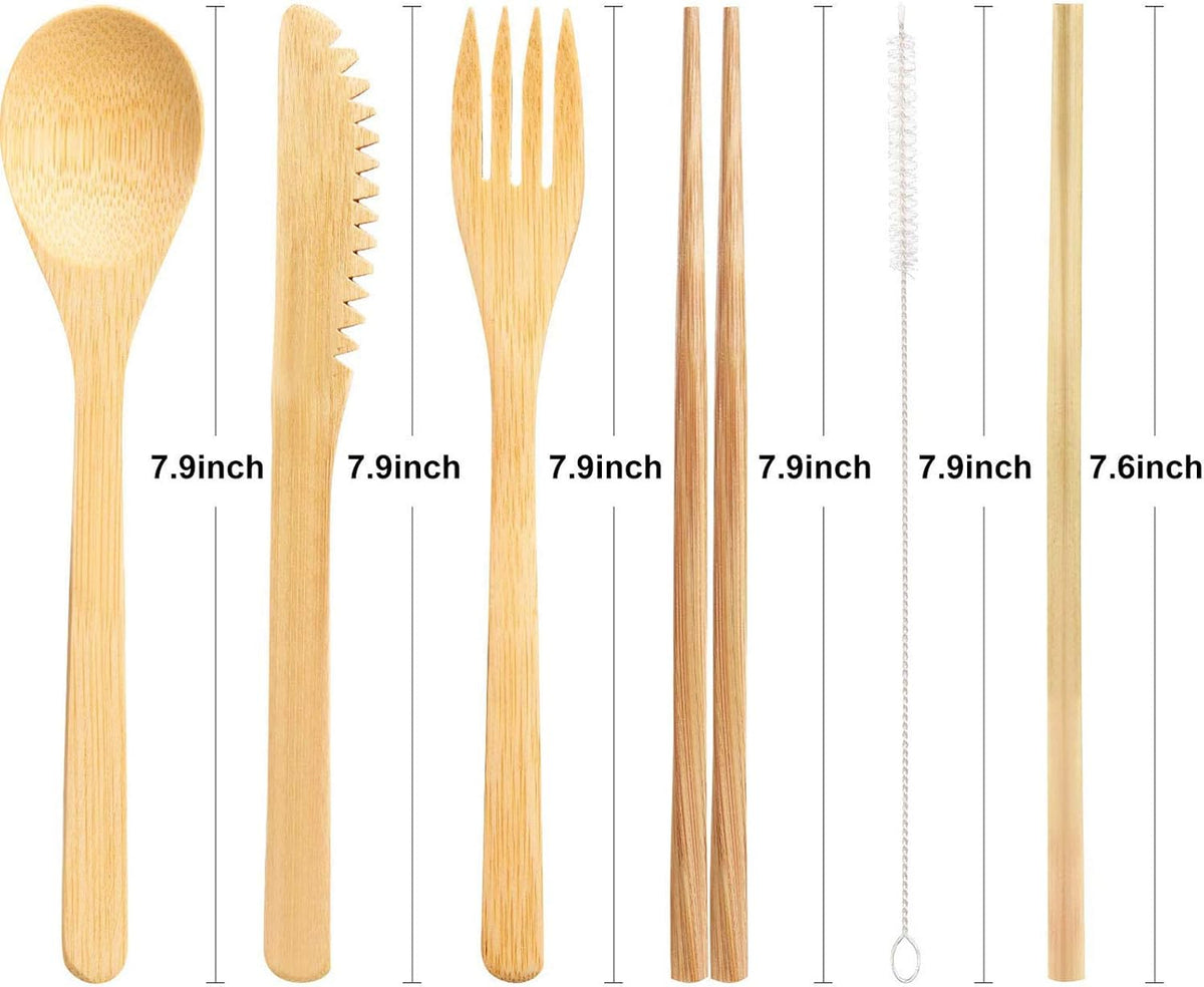 4 Sets Bamboo Utensils Wooden Utensils Set Japanese Style Reusable Cutlery Travel Chopsticks Fork Spoon Straw Portable Utensil Case for Travel Hiking Picnic Camping Cooking Kitchen(Chic Style)