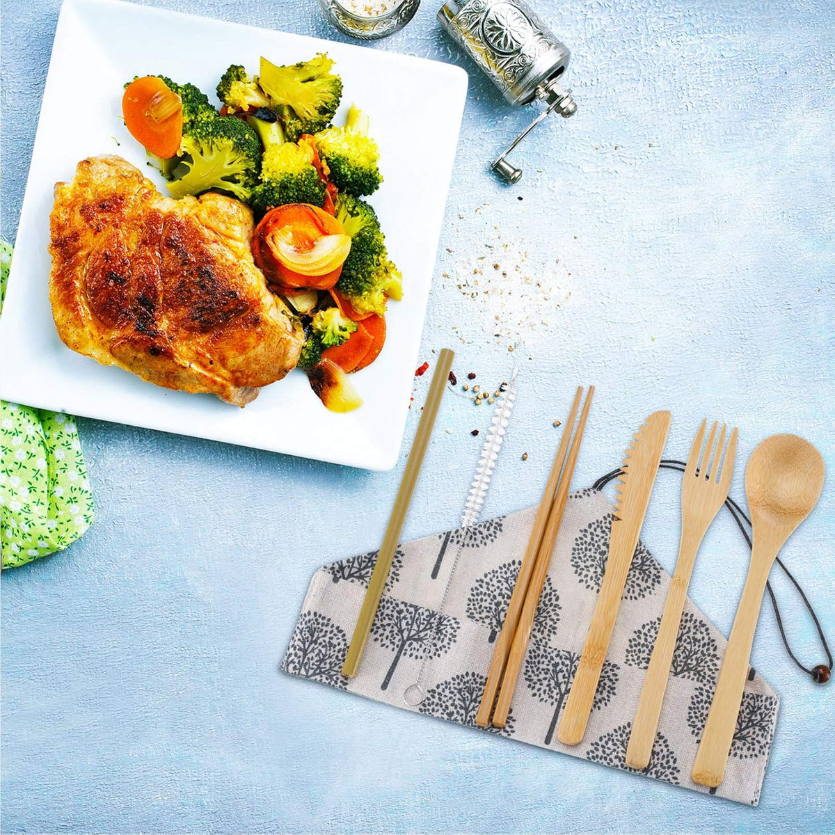 4 Sets Bamboo Utensils Wooden Utensils Set Japanese Style Reusable Cutlery Travel Chopsticks Fork Spoon Straw Portable Utensil Case for Travel Hiking Picnic Camping Cooking Kitchen(Chic Style)