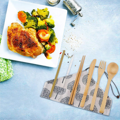 4 Sets Bamboo Utensils Wooden Utensils Set Japanese Style Reusable Cutlery Travel Chopsticks Fork Spoon Straw Portable Utensil Case for Travel Hiking Picnic Camping Cooking Kitchen(Chic Style)