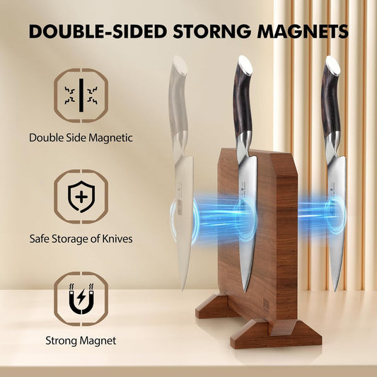 Magnetic Knife Block, Thickened Acacia Wood Kitchen Knife Holder | Kitchen Knife Stand with Strong Magnets, Multifunctional Double Side Knife Storage Organizer for Kitchen Counter, Ideal Gifts