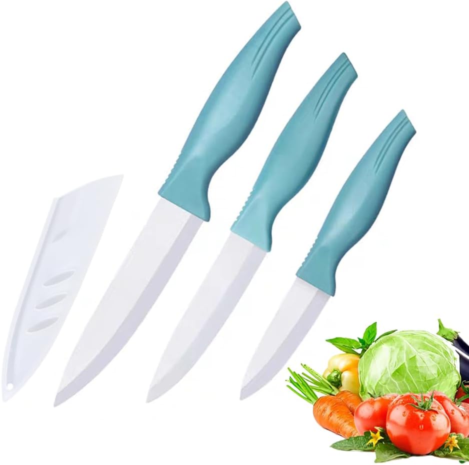 3-Piece Blue Ceramic Knife Set - 5" Veggie, 4" Fruit, 3" Peeling Knife - Suitable for Beef, Chicken, Vegetables, Fruits, Butter & Bread (Blue)