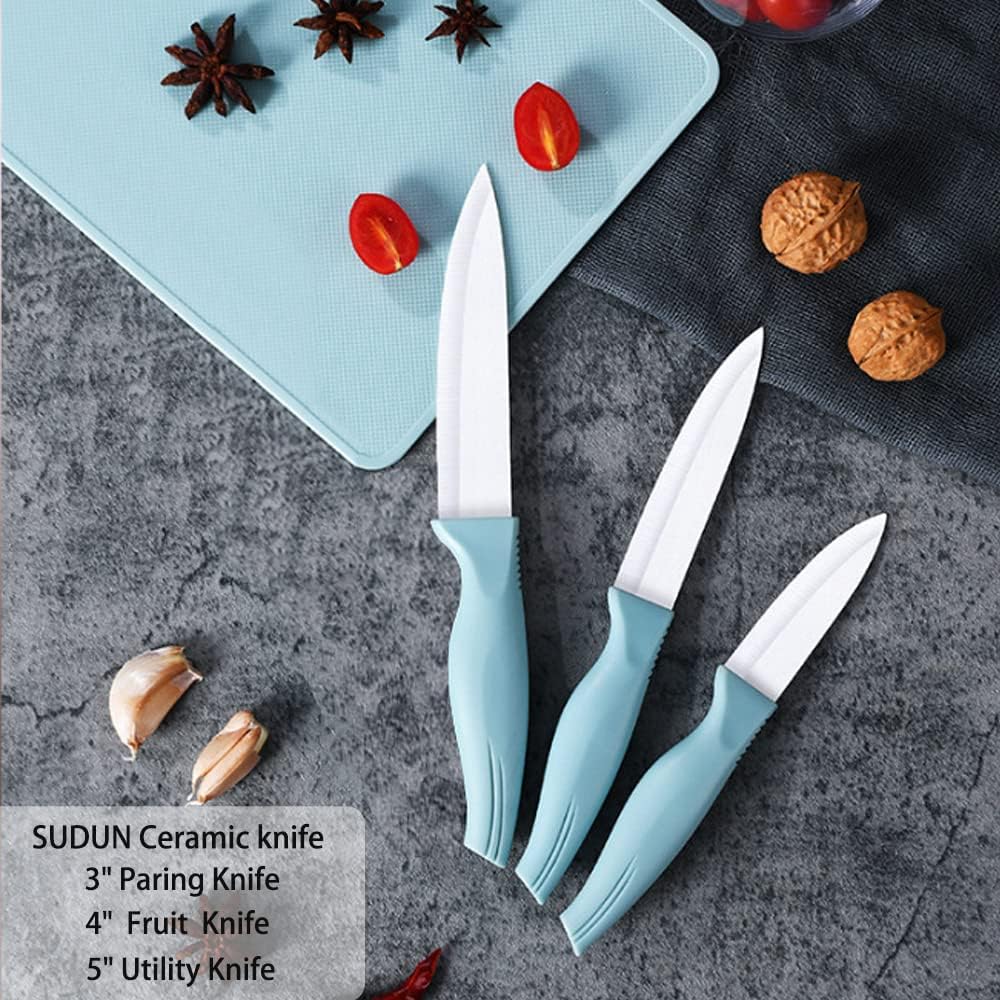 3-Piece Blue Ceramic Knife Set - 5" Veggie, 4" Fruit, 3" Peeling Knife - Suitable for Beef, Chicken, Vegetables, Fruits, Butter & Bread (Blue)