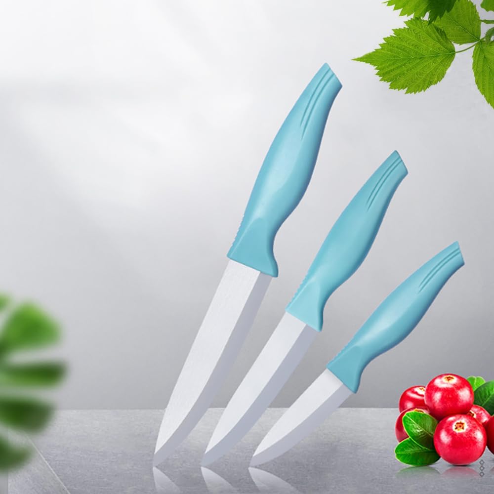 3-Piece Blue Ceramic Knife Set - 5" Veggie, 4" Fruit, 3" Peeling Knife - Suitable for Beef, Chicken, Vegetables, Fruits, Butter & Bread (Blue)