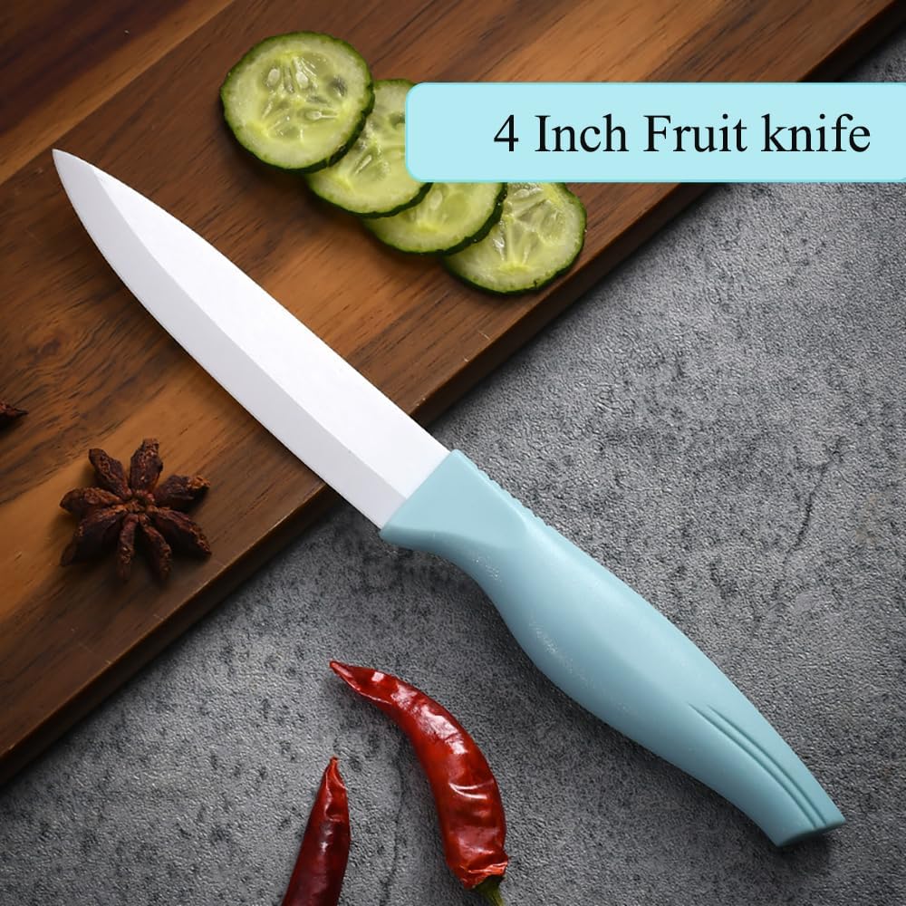 3-Piece Blue Ceramic Knife Set - 5" Veggie, 4" Fruit, 3" Peeling Knife - Suitable for Beef, Chicken, Vegetables, Fruits, Butter & Bread (Blue)
