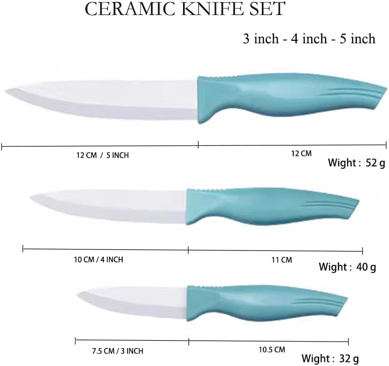 3-Piece Blue Ceramic Knife Set - 5" Veggie, 4" Fruit, 3" Peeling Knife - Suitable for Beef, Chicken, Vegetables, Fruits, Butter & Bread (Blue)