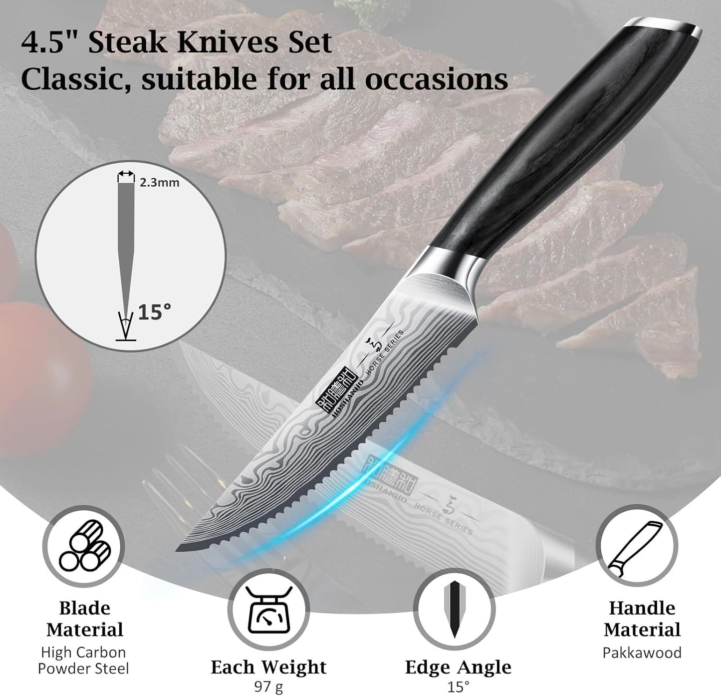 Steak Knives Set of 6, 4.5 Inch Japanese Serrated Steak Knife Set | Ultra Sharp High Carbon Powder Steel Steak Knife, Effortless Cutting Dinner Knives with Pakkawood Handle, Cooking Gifts