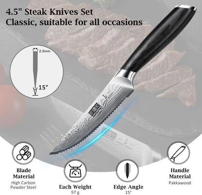 Steak Knives Set of 6, 4.5 Inch Japanese Serrated Steak Knife Set | Ultra Sharp High Carbon Powder Steel Steak Knife, Effortless Cutting Dinner Knives with Pakkawood Handle, Cooking Gifts