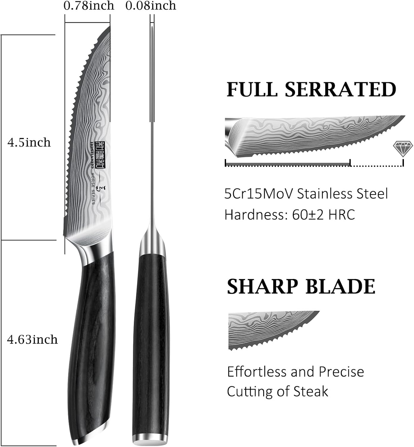 Steak Knives Set of 6, 4.5 Inch Japanese Serrated Steak Knife Set | Ultra Sharp High Carbon Powder Steel Steak Knife, Effortless Cutting Dinner Knives with Pakkawood Handle, Cooking Gifts