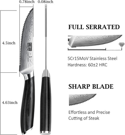 Steak Knives Set of 6, 4.5 Inch Japanese Serrated Steak Knife Set | Ultra Sharp High Carbon Powder Steel Steak Knife, Effortless Cutting Dinner Knives with Pakkawood Handle, Cooking Gifts