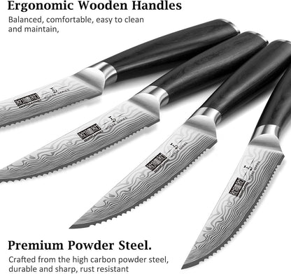 Steak Knives Set of 6, 4.5 Inch Japanese Serrated Steak Knife Set | Ultra Sharp High Carbon Powder Steel Steak Knife, Effortless Cutting Dinner Knives with Pakkawood Handle, Cooking Gifts
